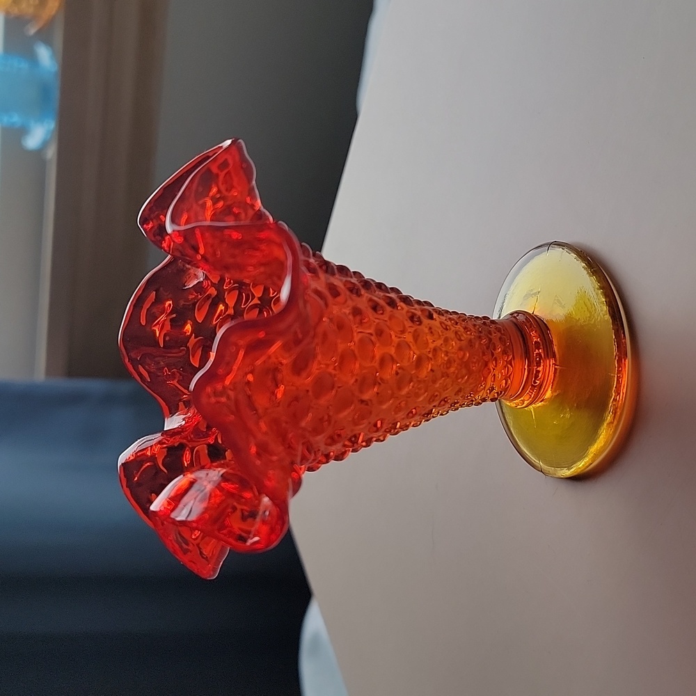 Vintage Fenton Small Amberina Trumpet shape Hobnail Ruffled Glass Vase